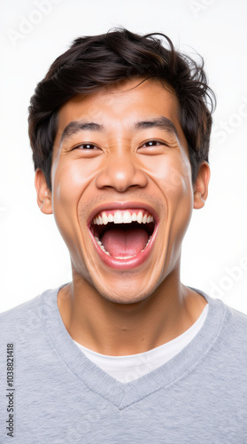 Excited Asian Person Expressing Joy on a Vibrant White Background – Enthusiastic Portrait for Emotions, Celebrations, and Marketing Campaigns