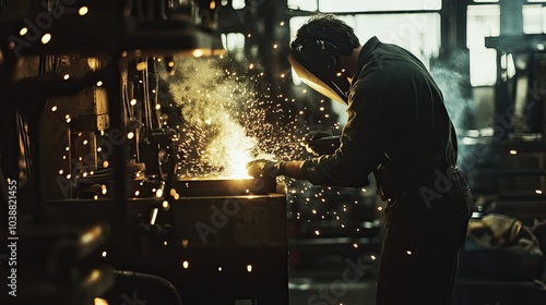 Welder in action, sparks flying as they craft metal artwork in a busy workshop, surrounded by industrial tools and machinery