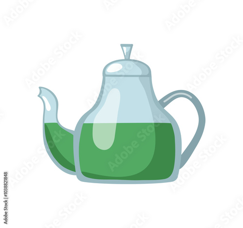 Glass teapot with herbal green tea. Tea party and tea time. Hot healthy drink. Illustration, tea time icon for cafe and restaurant menu design, isolated background.