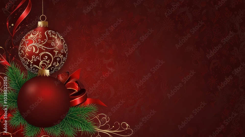 Christmas decorations with falling snow and Christmas tree, balls and gifts Christmas decorations with falling snow and Christmas tree, balls and gifts