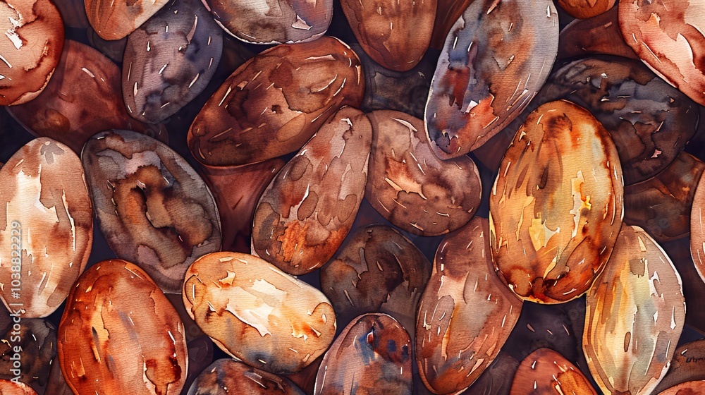 Watercolor illustration of cacao beans in warm brown tones. Background, and texture concept for organic food, chocolate production, and natural products. Cocoa. Copy space Watercolor illustration of cacao beans in warm brown tones. Background, and texture concept for organic food, chocolate production, and natural products. Cocoa. Copy space