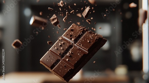 Broken chocolate bar floating composition background photo