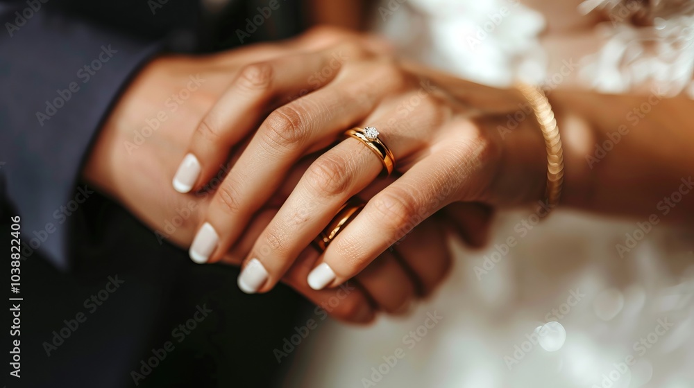 Bride and Groom Holding Hands with Wedding Rings. Concept of Love, Commitment, Marriage, husband and wife, and Unity Bride and Groom Holding Hands with Wedding Rings. Concept of Love, Commitment, Marriage, husband and wife, and Unity