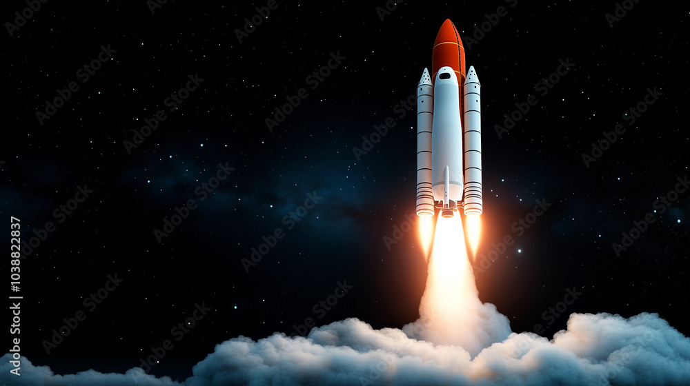 A rocket launches into space, leaving a trail of smoke against a starry night sky A rocket launches into space, leaving a trail of smoke against a starry night sky