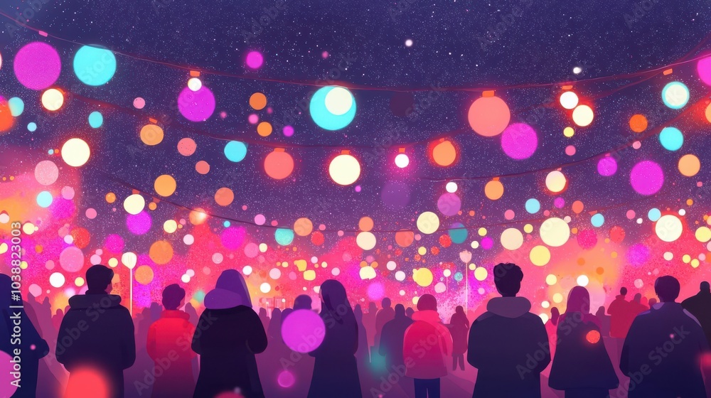 New Year 2025, community gathered in anticipation, lights dimming before the celebration begins, flat design illustration New Year 2025, community gathered in anticipation, lights dimming before the celebration begins, flat design illustration