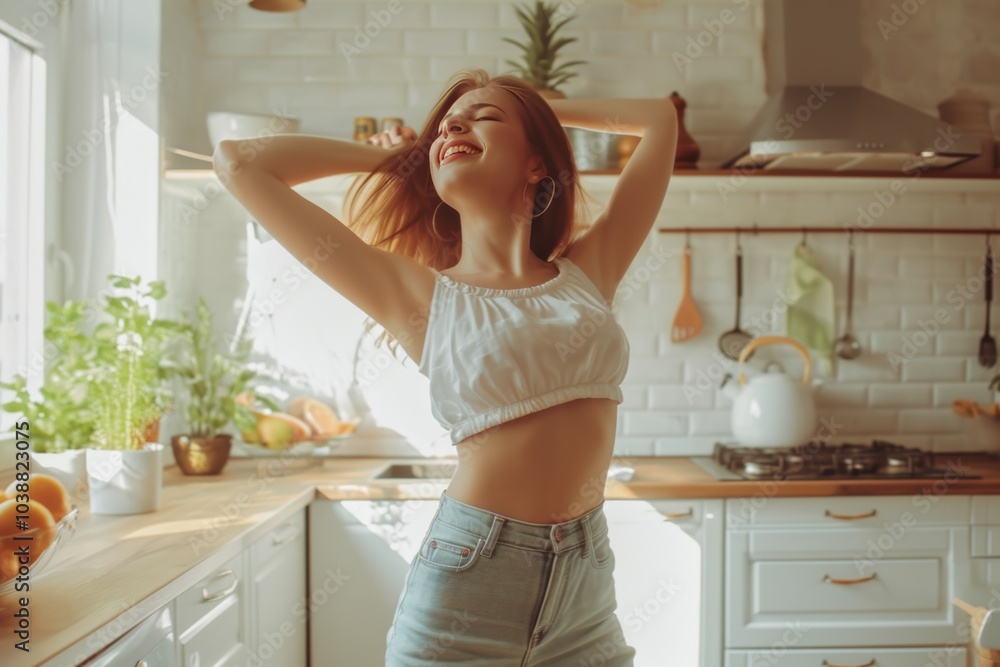 Happy young woman enjoying her carefree moment while dancing in a bright kitchen filled with sunlight and fresh fruits Happy young woman enjoying her carefree moment while dancing in a bright kitchen filled with sunlight and fresh fruits