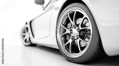 A close-up view of a stylish car wheel, highlighting its shiny alloy rim and tire, set against a clean background.