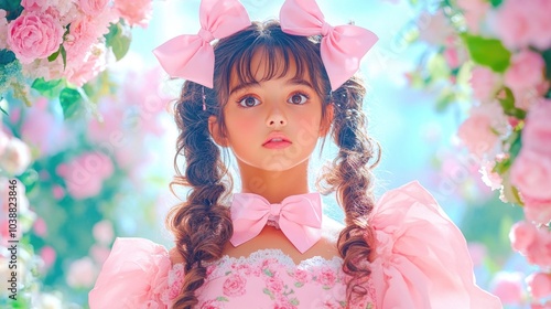 Enchanting girlhood style amidst floral wonderland with pink bows for springtime joy photo