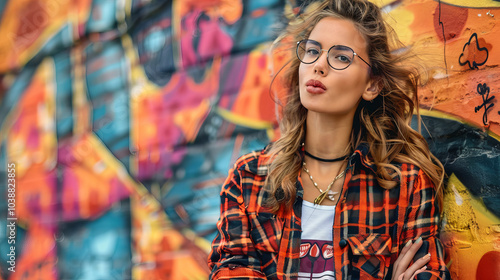 Stylish Woman in Glasses Posing Against Colorful Graffiti Wall. Concept of Urban Fashion, Self-Expression, Street Style, and Modern Art. Copy space