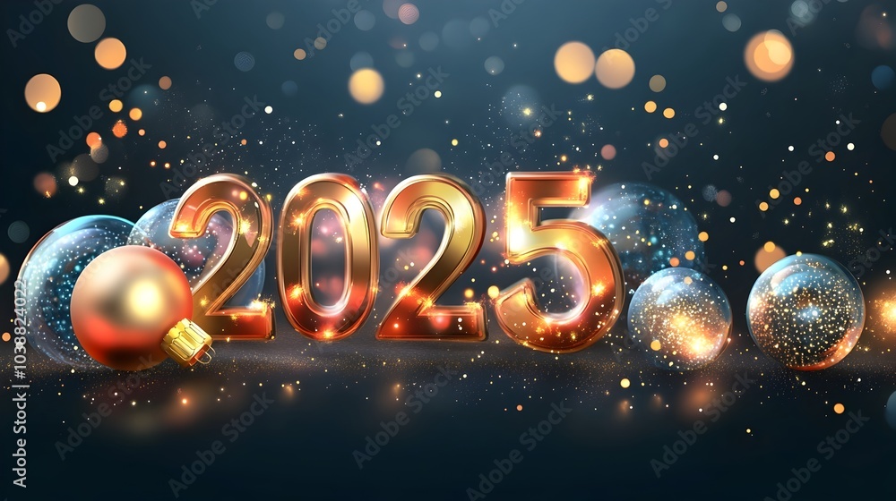Naklejka premium Abstract Holiday Christmas Light Banner with Golden 2025 Numbers and Transparent Balls
