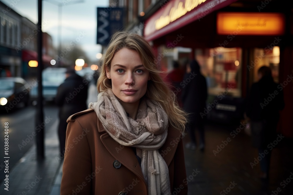 Portrait of a beautiful young woman in a coat and scarf in the city Portrait of a beautiful young woman in a coat and scarf in the city