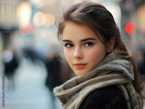 Woman in scarf on busy city street.