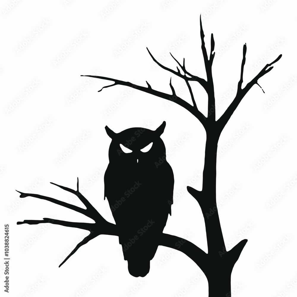 A black owl perched on a bare tree branch against a full moon in a dark night sky A black owl perched on a bare tree branch against a full moon in a dark night sky