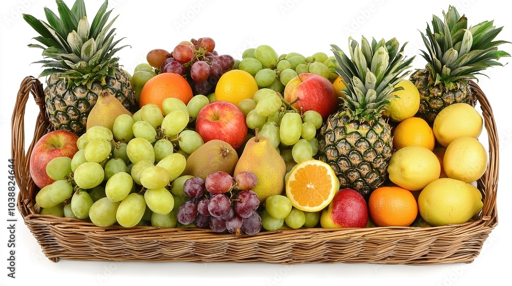 A vibrant arrangement of assorted fruits in a wicker basket, including pineapples, grapes, apples, oranges, and lemons, showcasing their colorful and fresh appeal. A vibrant arrangement of assorted fruits in a wicker basket, including pineapples, grapes, apples, oranges, and lemons, showcasing their colorful and fresh appeal.
