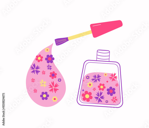 Nail polish. Floral nail design. Bottle and brush for manicure. Flowers, paint, varnish. Vector illustration.