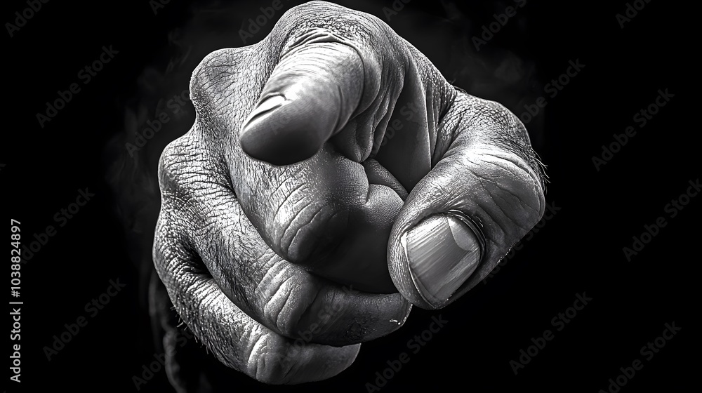 Hand with index finger pointing out towards me, comple. black background Hand with index finger pointing out towards me, comple. black background