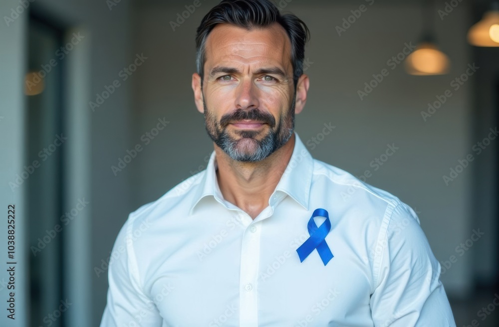 Strong Man in White Shirt with Blue Ribbon for Prostate Cancer Awareness – Serious Expression Emphasizing Health and Early Detection Against a Blurred Background Strong Man in White Shirt with Blue Ribbon for Prostate Cancer Awareness – Serious Expression Emphasizing Health and Early Detection Against a Blurred Background