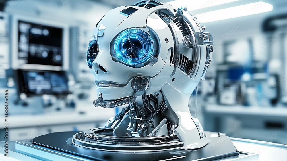 Advanced robotic head designed for real-time analysis and interaction, highlighting the integration of AI technology in modern systems. Advanced robotic head designed for real-time analysis and interaction, highlighting the integration of AI technology in modern systems.