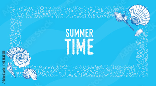Vintage Summer Time Banner design template. Retro hand drawn sketch seashells. Best for travel, vacation, party and sales designs.