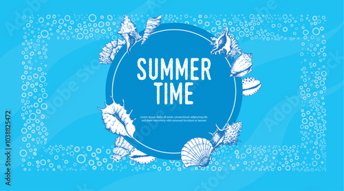 Vintage Summer Time Banner design template. Retro hand drawn sketch seashells. Best for travel, vacation, party and sales designs.