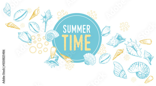 Vintage Summer Time Banner design template. Retro hand drawn sketch seashells. Best for travel, vacation, party and sales designs.