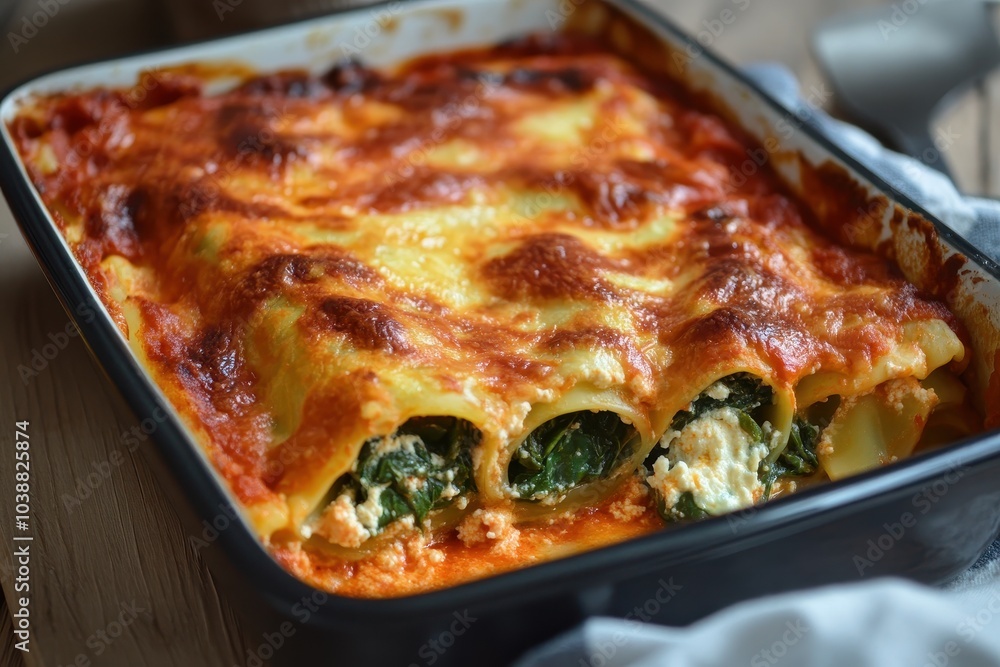 Cannelloni filled with spinach and ricotta baked in tomato sauce Cannelloni filled with spinach and ricotta baked in tomato sauce