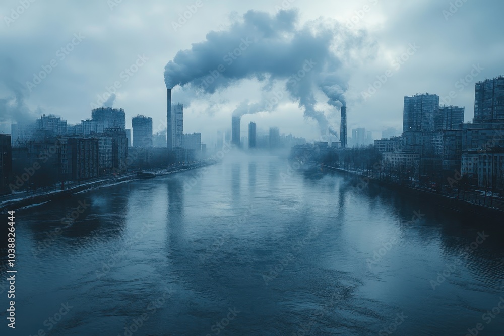 Naklejka premium Urban skyline shrouded in fog with smoke billowing from industrial buildings by a river
