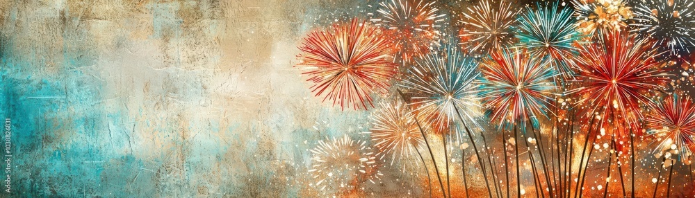 Fototapeta premium New Year 2025, radiant fireworks shining in the night sky, marking the beginning of a new year, flat design illustration