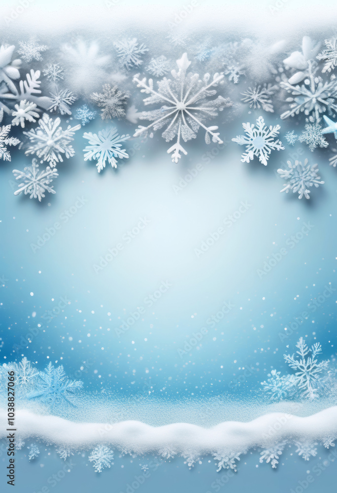 Ein winterlicher Rahmen aus Schneeflocken und Schnee, der einen großen, blauen Bereich in der Mitte freilässt, perfekt für Text oder Grafiken. generative KI. Ein winterlicher Rahmen aus Schneeflocken und Schnee, der einen großen, blauen Bereich in der Mitte freilässt, perfekt für Text oder Grafiken. generative KI.