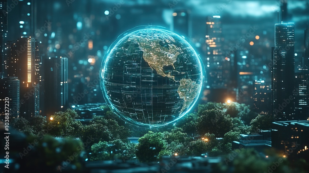 Obraz premium Holographic data visualizations of sustainable investments and green energy 