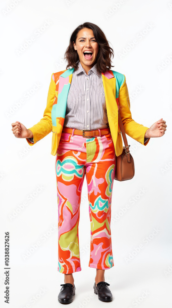Excited Person in Vibrant Clothes and Joyful Expressions: Colorful Portrait on White Backgrounds for Photography Excited Person in Vibrant Clothes and Joyful Expressions: Colorful Portrait on White Backgrounds for Photography