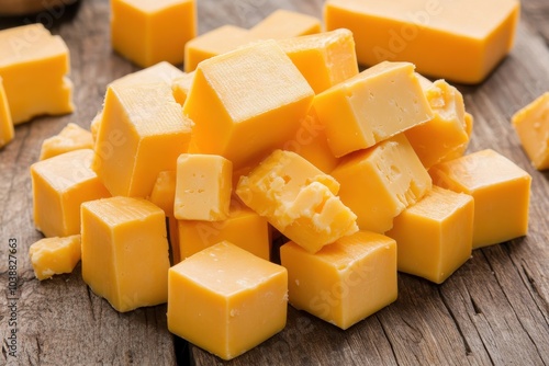 Cheddar cheese cubes placed on a white background