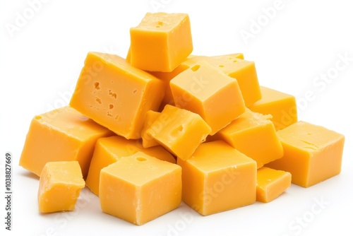 Cheddar cheese cubes on a white background