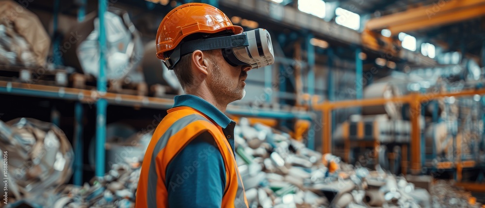 Worker wearing safety goggles and helmet in warehouse. Worker wearing safety goggles and helmet in warehouse.