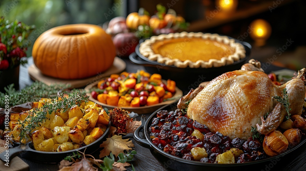 Thanksgiving table with traditional dishes Thanksgiving table with traditional dishes