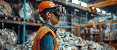 Worker wearing safety goggles and helmet in warehouse.