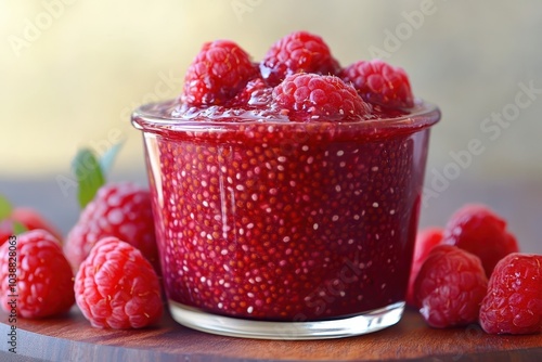 Chia pudding or jam made with raspberries photo