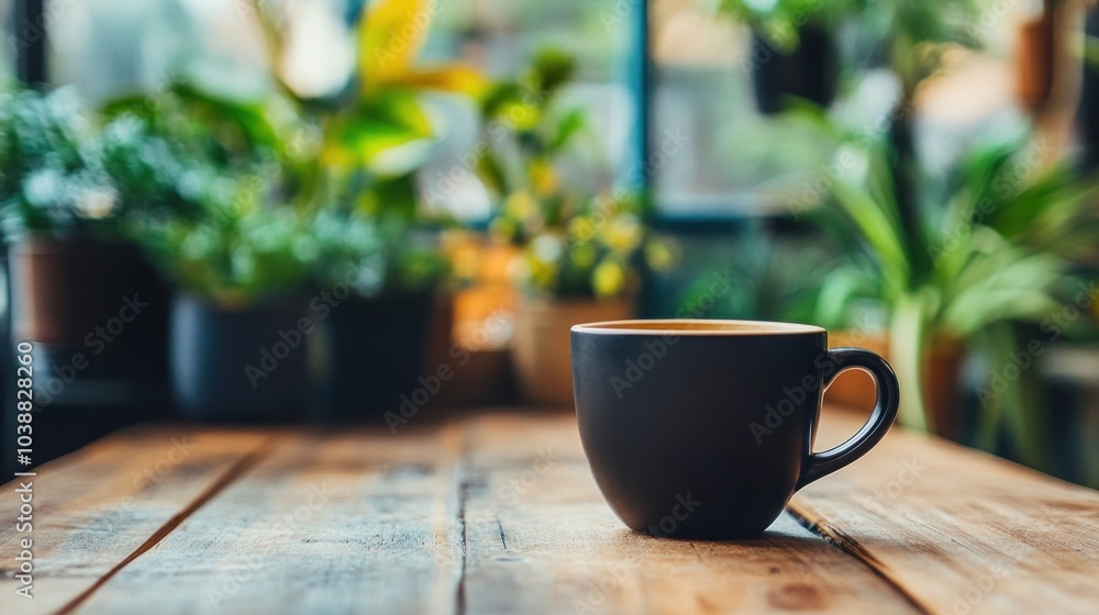 A black coffee cup sits on a wooden table surrounded by lush green plants. A black coffee cup sits on a wooden table surrounded by lush green plants.