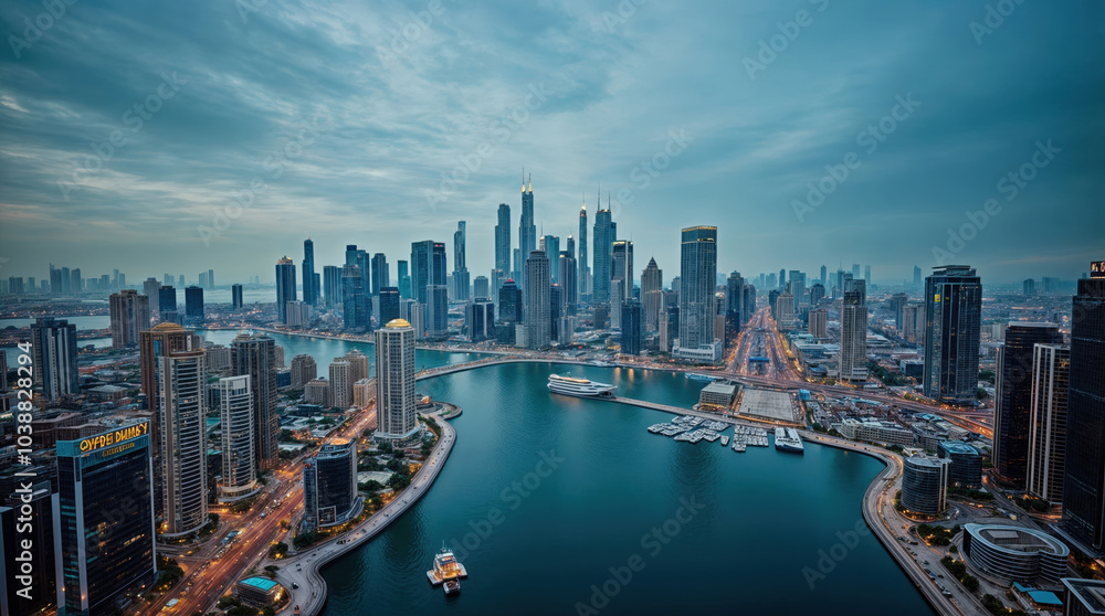 Fototapeta premium Stunning aerial view of Dubai's futuristic skyline at dusk, showcasing towering skyscrapers, illuminated streets, and a winding waterway with luxury yachts and boats