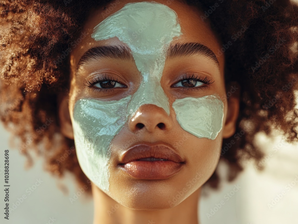 Young woman applying a green facial mask indoors during daylight hours Young woman applying a green facial mask indoors during daylight hours
