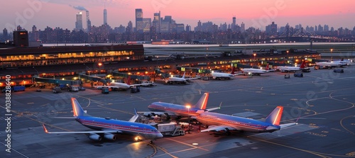 Aerial perspective of a bustling airport at dusk, highlighting illuminated aircraft and runways photo