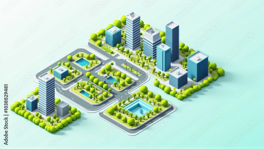 Generative, AI, isometric view of a stylized city with blue buildings and green parks on a light blue background.
Generative, AI, isometric view of a stylized city with blue buildings and green parks on a light blue background.