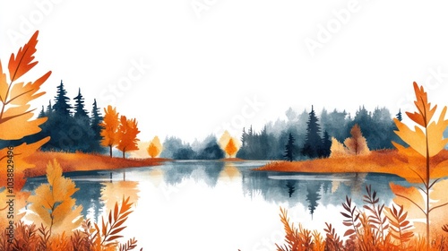 A serene autumn landscape with colorful foliage reflecting on a calm lake.
