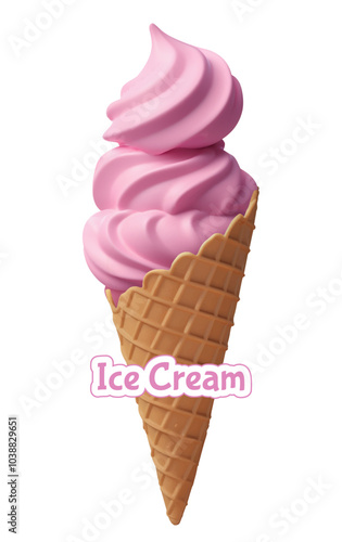 Soft serve berry ice cream swirl in wafer style cone. Pink 3d realistic vector icons. Vector illustration of swirl strawberry ice cream in waffle cone on white color background. Sweet food for web