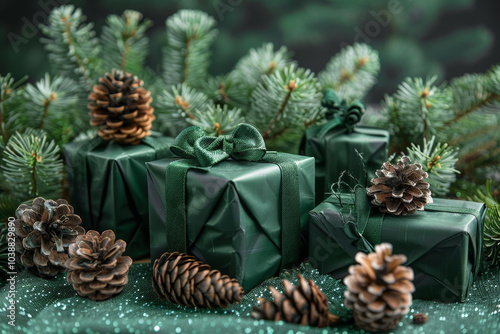 A green box with a bow on top sits on a table with pine cones and other gifts