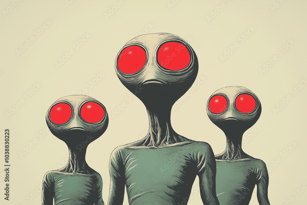 retro illustration of three alien species big red eyes and very slender ...