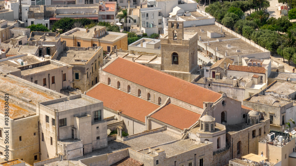 Obraz premium Aerial view of the Cathedral of Santa Maria Annunziata located in Otranto, Salento, Puglia, Italy. It is a minor basilica and the main place of Catholic worship in the city in the province of Lecce.