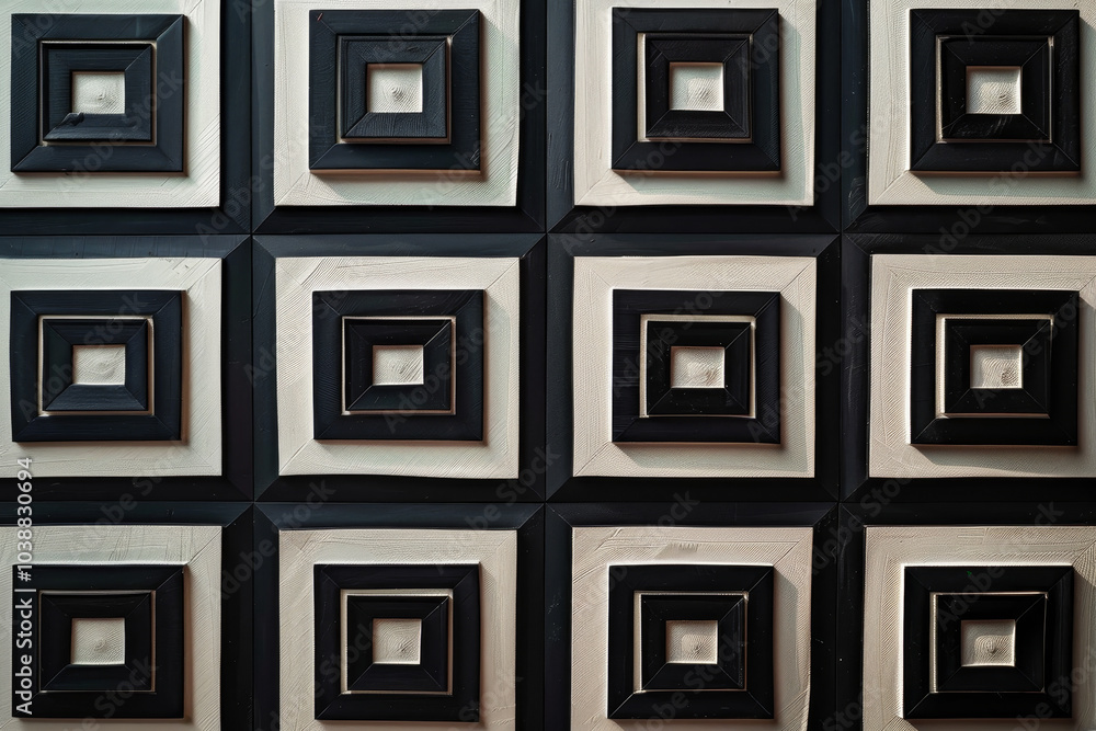 A black and white photo of a wall with many square frames A black and white photo of a wall with many square frames