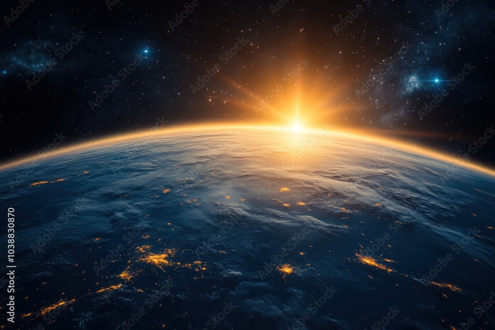 Sunrise over Earth viewed from space highlighting clouds and city lights at dawn Sunrise over Earth viewed from space highlighting clouds and city lights at dawn