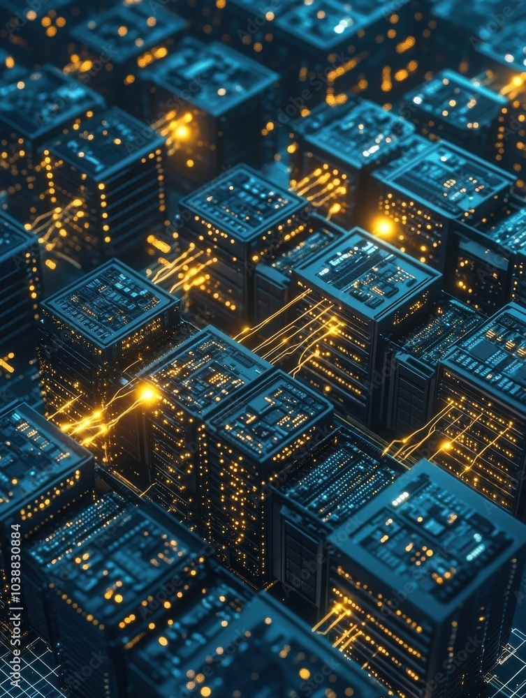 Futuristic Data Center Matrix with Glowing Server Connections and Network Technology - High Tech Digital Infrastructure in Blue and Gold Light Display Futuristic Data Center Matrix with Glowing Server Connections and Network Technology - High Tech Digital Infrastructure in Blue and Gold Light Display
